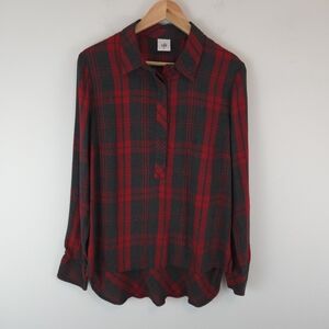 CAbi Red and Black Plaid Button-Front Tunic Blouse